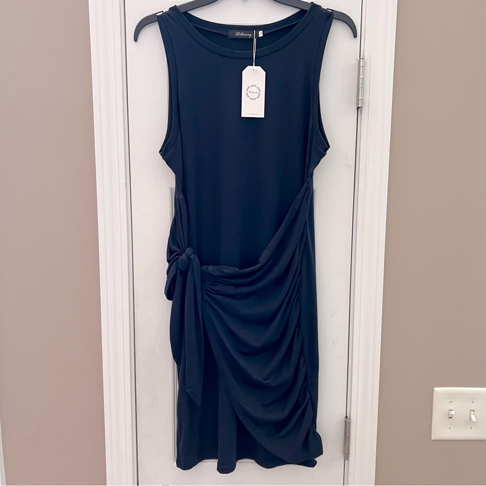 Lillusory Sleeveless Crewneck Tank Bodycon Ruched Navy Blue Mini Dress S…